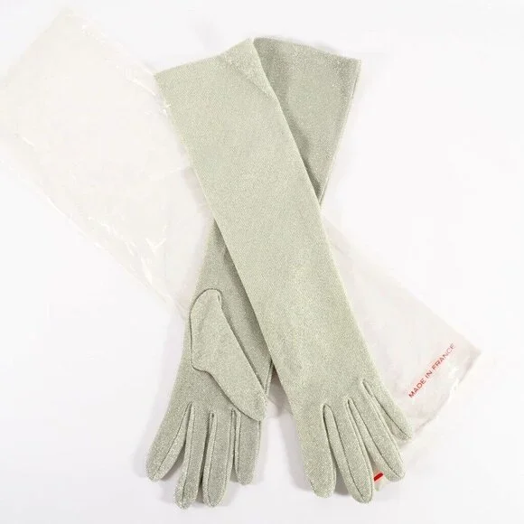 Vintage Womens Opera Gloves Size M Metalic Silver NOS 15 Inch Long Hello 80s - Picture 3 of 9